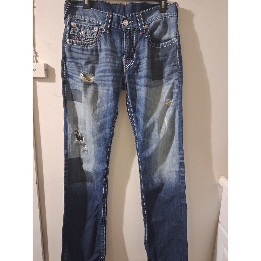True Religion Section Straight Mens Jeans Size 31 Distressed Patchwork BlueDenim